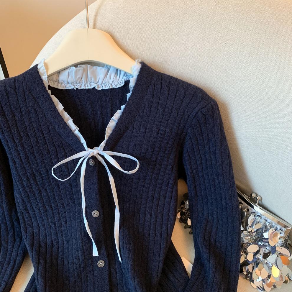 Women's French V-Neck Bow Knit Cardigan - Soft & Cozy Autumn/Winter Sweater