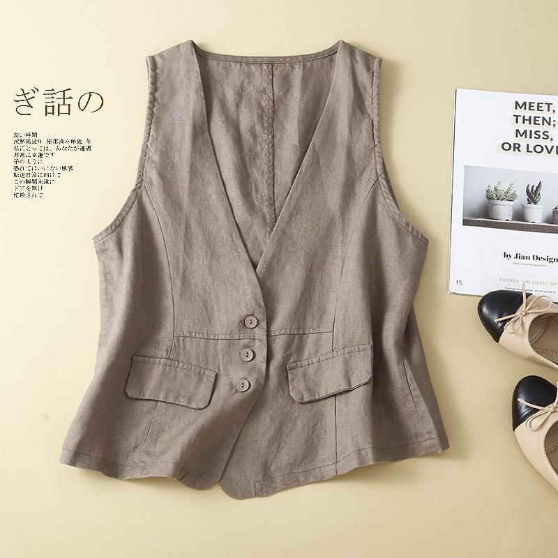 Vintage Vest Summer Deep V-Neck Solid Casual Sleeveless Tank Tops Cotton Linen Thin Outerwear Vest Coat