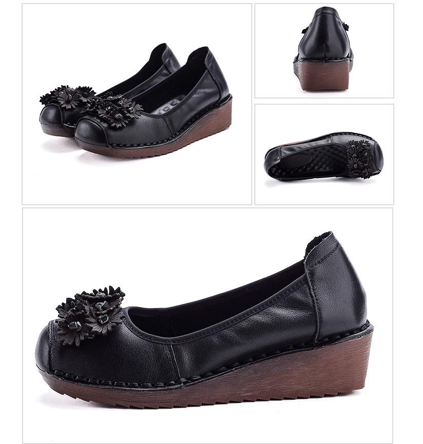 Fashion Handmade Vintage Wedged Shoes for Mature Ladies Genuine Leather Ballet Flats Woman Slip On Easy Fit Shoes Elderly Woman Moccasin
