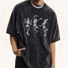 Dancing Skeleton Printed Tee Hip Hop Unisex Tee Round Neck Cartoon Tshirt Punk Washed Black Couple Tshirt