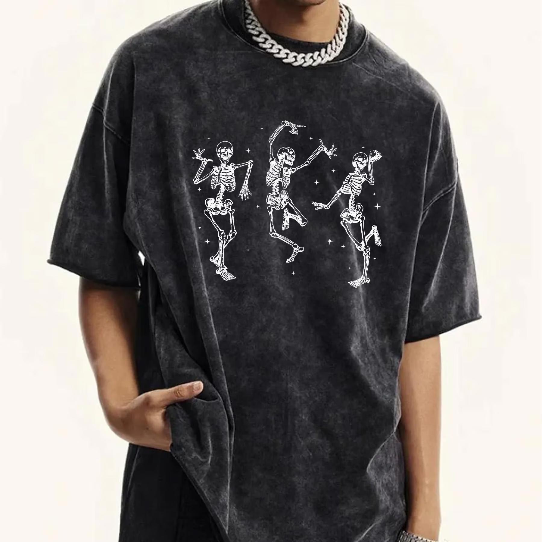 

Dancing Skeleton Printed Tee Hip Hop Unisex Tee Round Neck Cartoon Tshirt Punk Washed Black Couple Tshirt S
