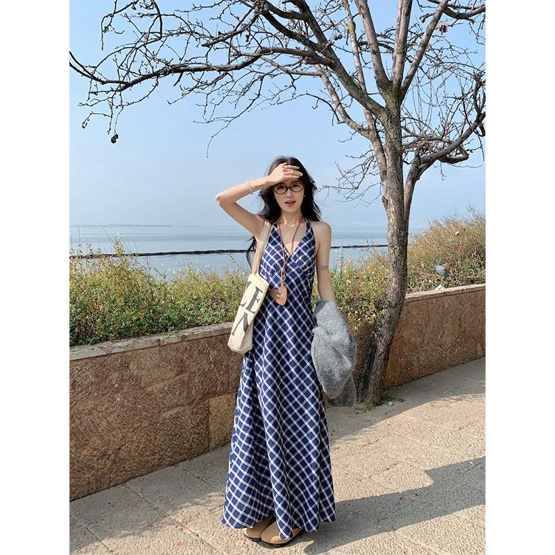 Blue plaid neck dress women s summer new waist backless long retro seaside vacation suspender dress S