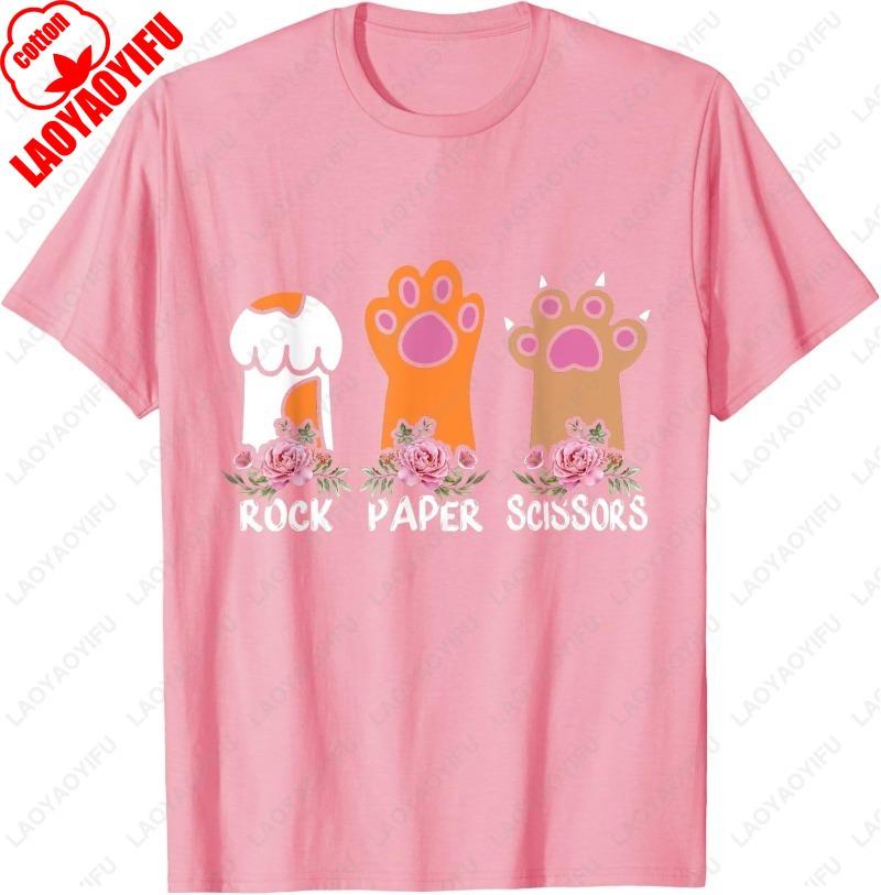 Rock Paper Scissors Hand Game Meme Animal Paw Flower Cat Men Women Cotton TShirt Trend Cute Meowy Oneck Printed Unisex Tops