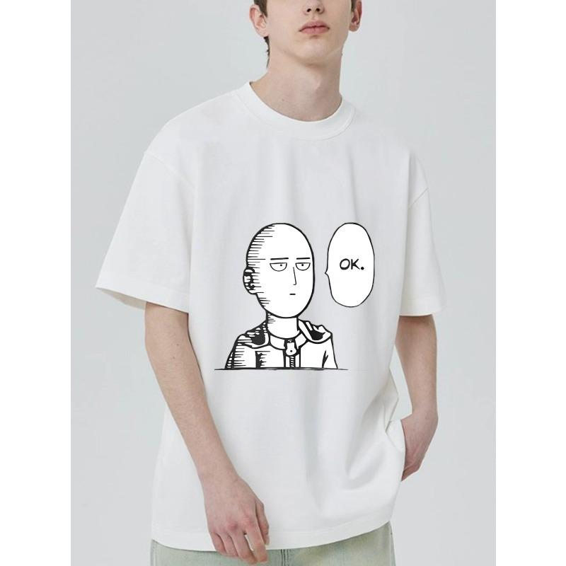 Black T-Shirt with One Punch Man Character and Ok Text Graphic Print for Casual Wear