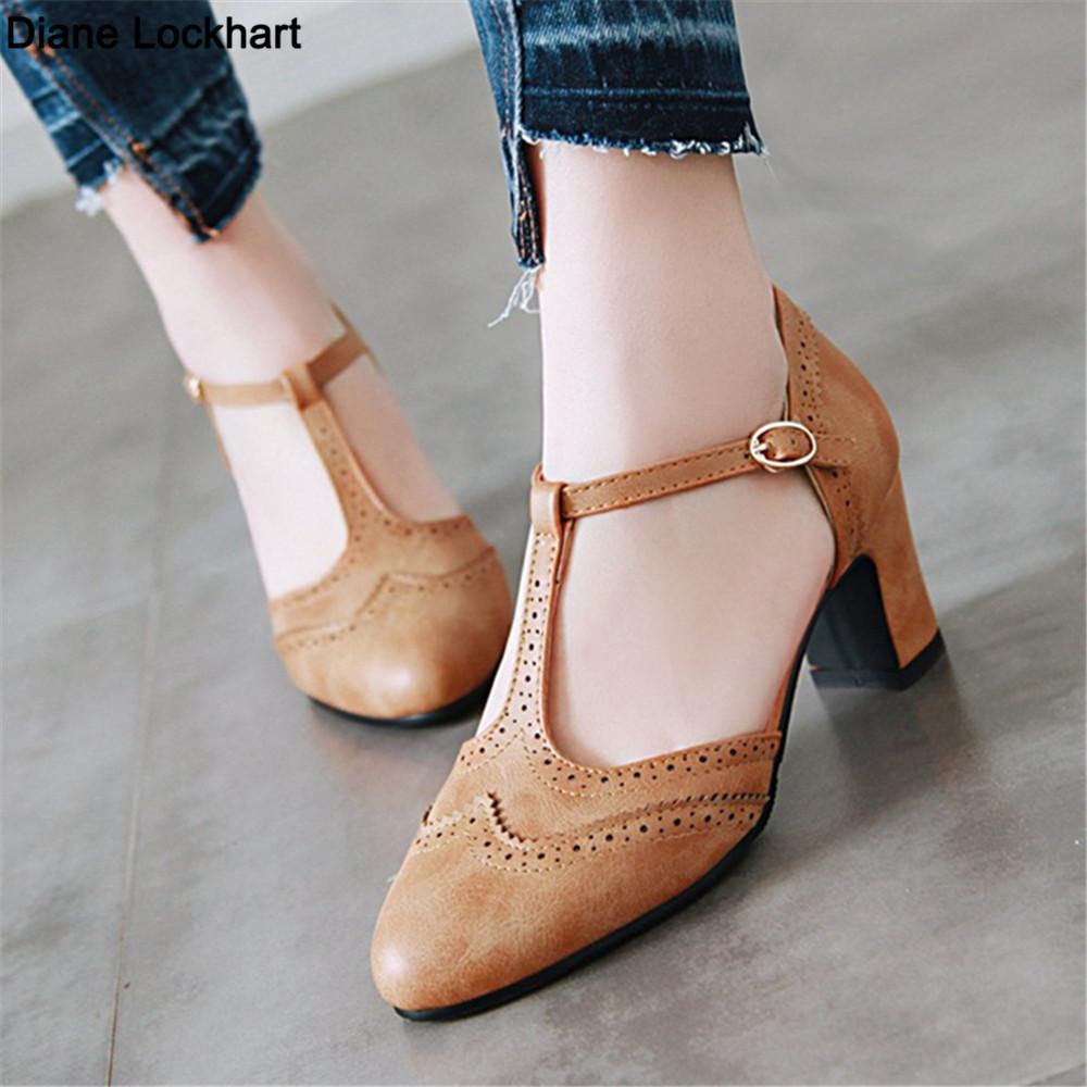 Fashion 2025 Vintage PU Leather Women's Shoes Rome Style Splice Pointed Toe Buckle T-strap Ladies High Pumps Plus Size 32-43