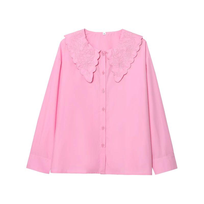 Summer New Product Women's Clothes Preppy Style Round Neck Long Sleeves Single Row Multi-Buckle Embroider Decorative Loose Design Shirt Tops