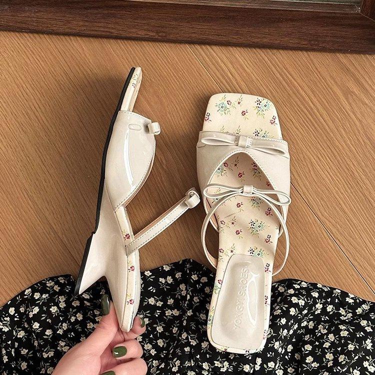 French one-word with wedge heels slippers women's summer 2025 new sweet wind bow with skirt high-heeled sandals