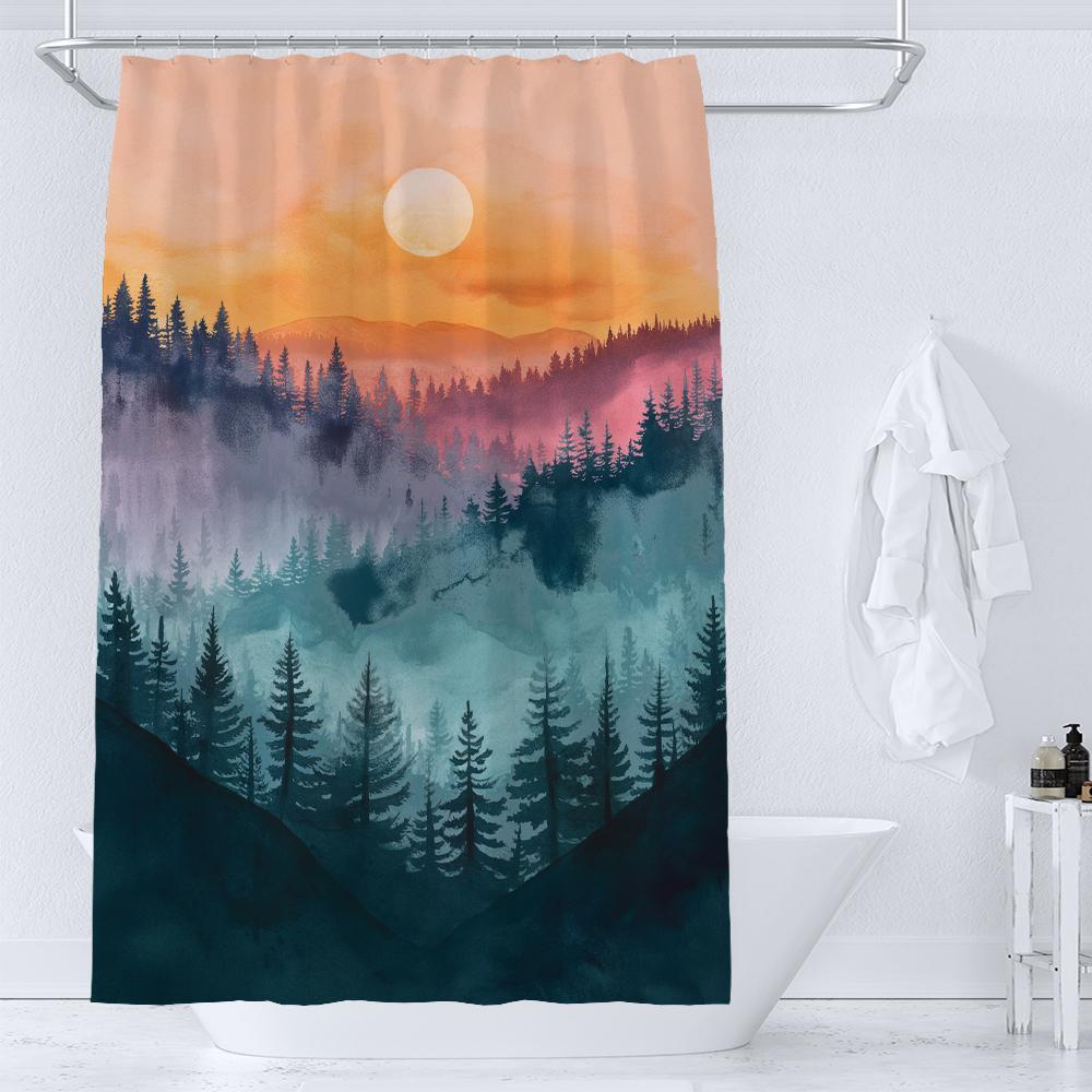 1Pcs Watercolor Landscape Printed Fabric Waterproof Shower Curtain, Bathroom Decoration Curtain, With Hooks