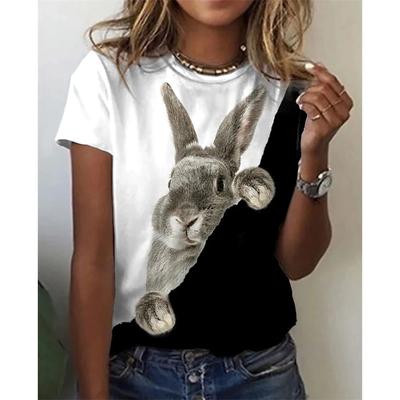Animal T-shirt For Women Cute Rabbit Print Short-sleeved Flowers Easter Tee Casual Holiday Multi-color Round Neck Regular Top