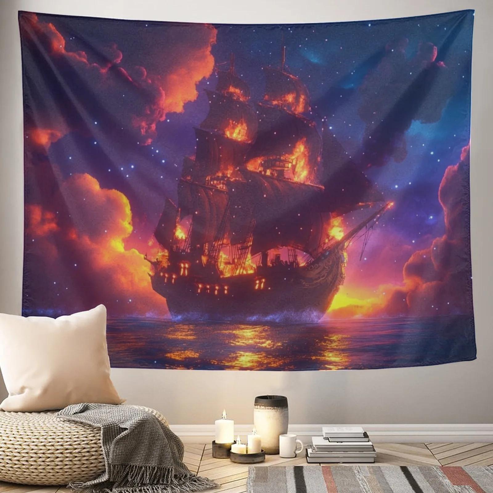 Fantasy Pirate Ship Bohemian Tapestry Hippie Style Bedroom Game Room Bar Party Decor Vintage Adventure Wall Art Home Outdoor 100X70CM