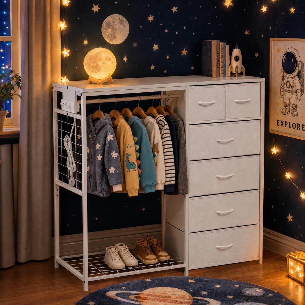 Children's Wardrobe with 6 Drawers, Clothes Rail & Socket - Multifunctional Coat Rack for Children's Room, White