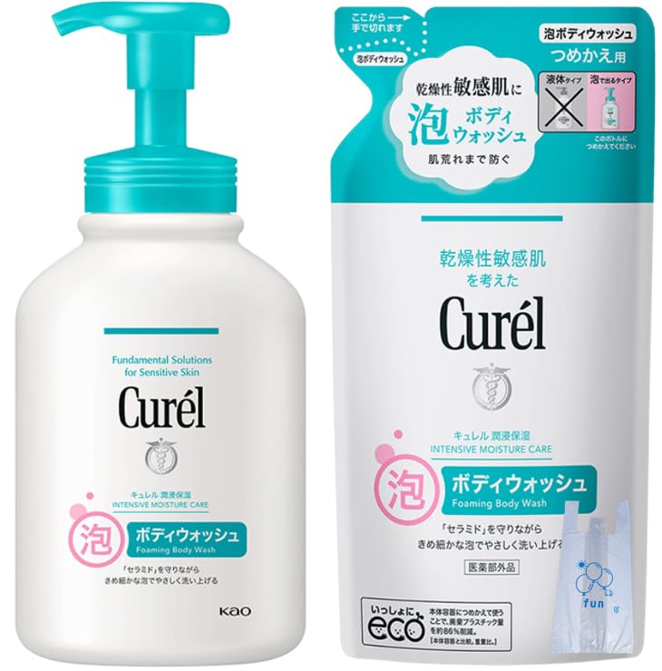 Kao Curel Foaming Body Wash, 480ml bottle + 380ml refill set (suitable for babies), includes shopping bag.