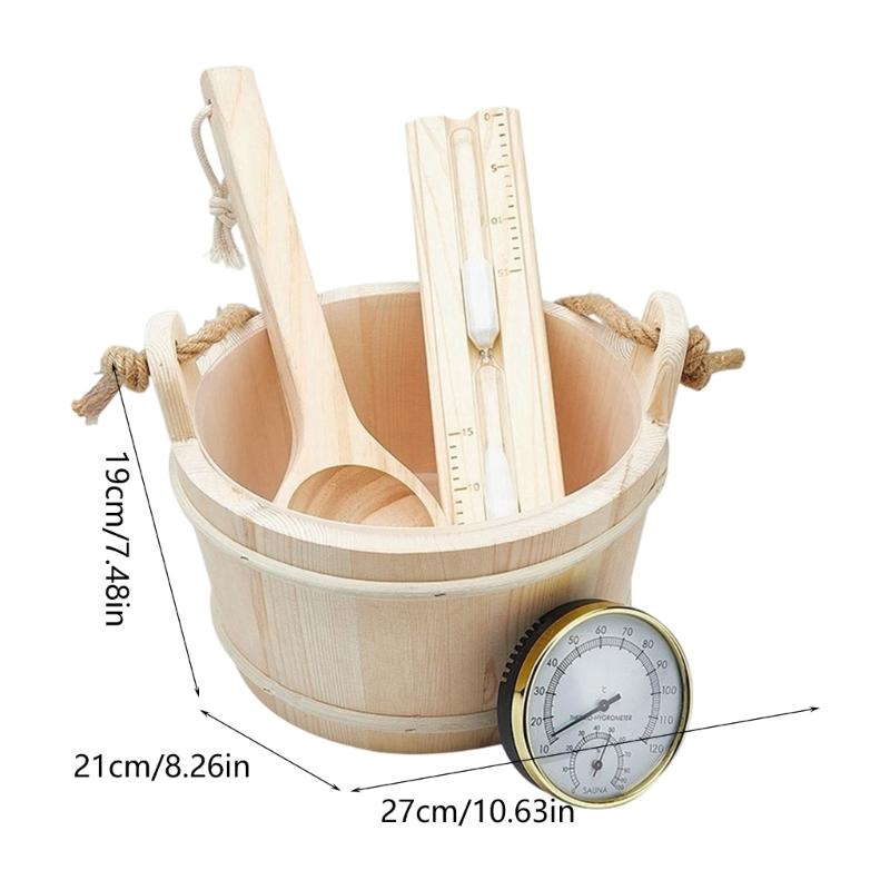 Sauna Accessories Set Includes Wood Bucket Long Handle Spoon Hourglasses Thermograph for Steam Room Bathroom Enduring