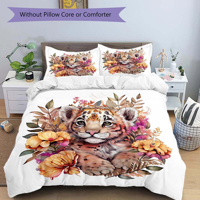

3pcs Cute Tiger & Flowers Quilt Cover Set (1 Quilt Cover + 2 Pillowcases Without Pillow Core), High-Definition Printing for Home and Dormitory.M0 135x200cm