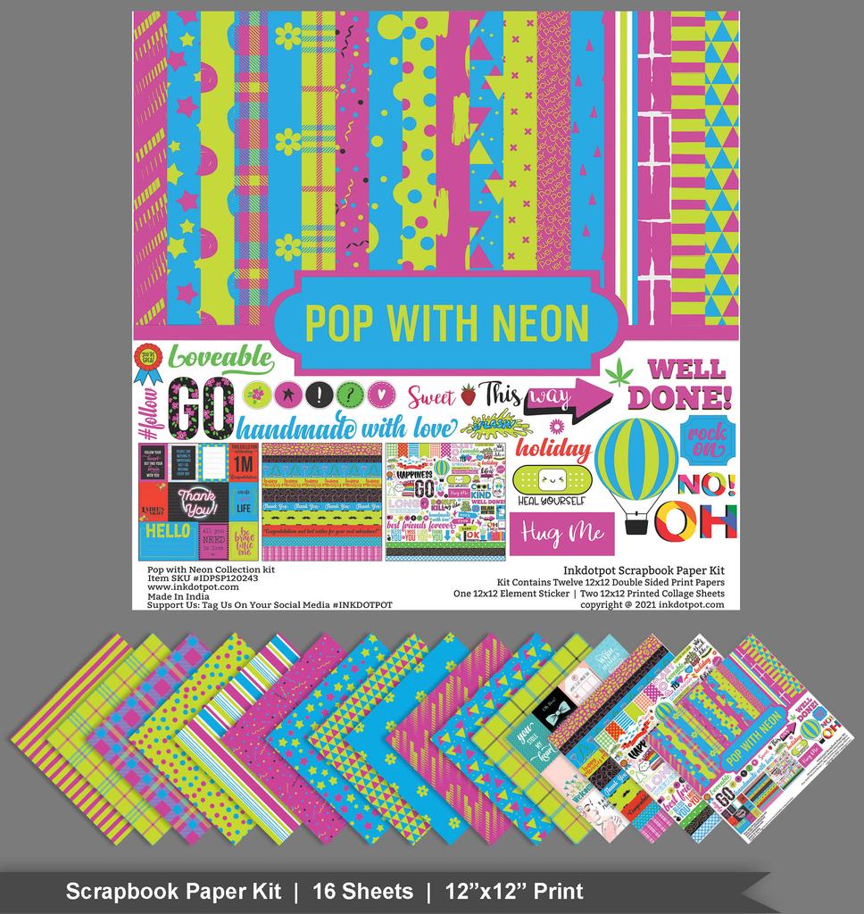 Inkdotpot Pop With Neon Collection Double,Sided Scrapbook Paper Kit Cardstock 12"x12" -16 Pages