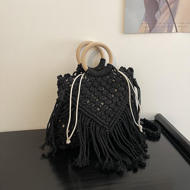 

Богемна плетена сумочка літо 2024 нова пляжна сумка з бахромою маленька свіжа сумка через плече сумка-месенджер чорний