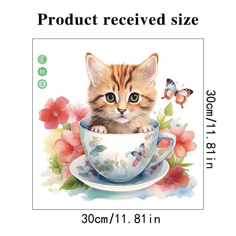 Cute Cat Wall Stickers Waterproof Vinyl Decals Tea Cup Design Pet Store Decor Bathroom Kitchen Removable Peel Stick Home Decor