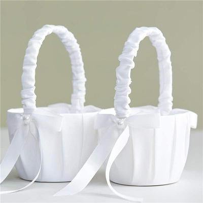 20cm White Girls Flower Basket Silk Wedding Basket for Flower Bride Girls Kids Hand Held Wedding Ceremony Party Decorations