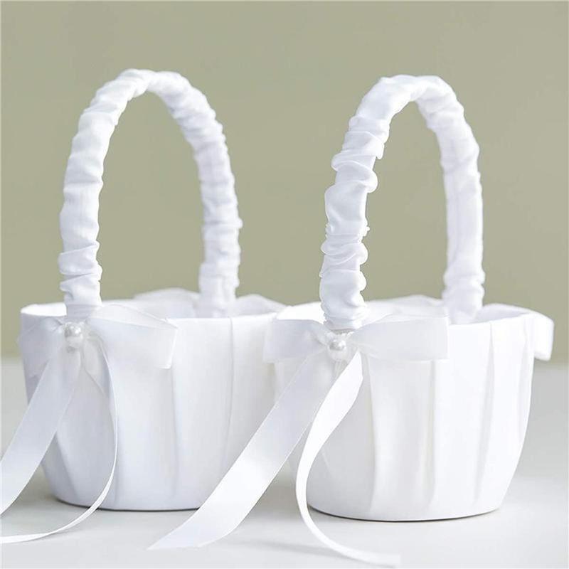 20 Cm White Flower Girls Basket Silk Wedding Basket for Flower Bride Girls Kids Hand Held Wedding Ceremony Party Decorations
