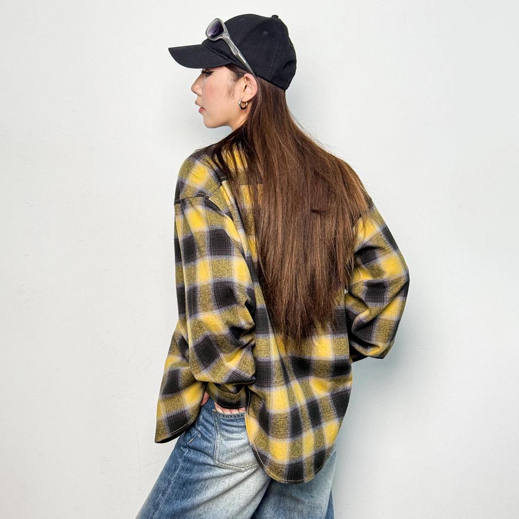Women's Retro Plaid Brushed Cotton Shirt Jacket with Lapel - Long Sleeve, Spring