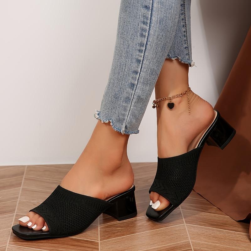 Women's Mid-Heel Mesh Slippers Thick Heel Square Head Sandals