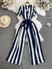 Fashion Celebrity Short Sleeve V-Neck Striped Dress Pants Casual High Waist Skinny Straight Wide Pants Jumpsuit