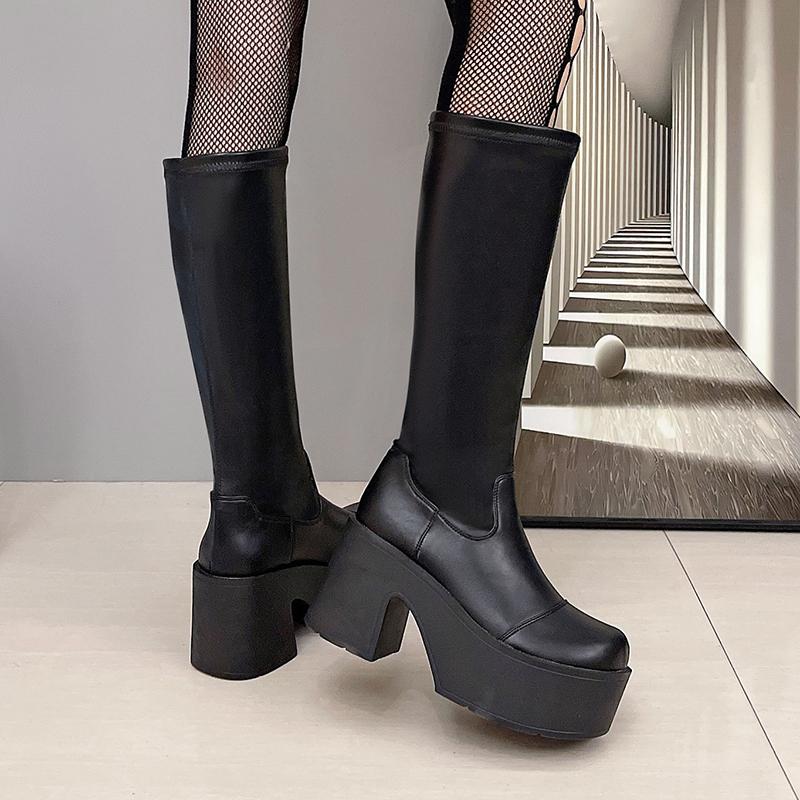 Black Thick Heels Elastic Micro Knee High Boots For Women Punk Style Autumn Winter Chunky Platform High Boots Party Shoes Ladie