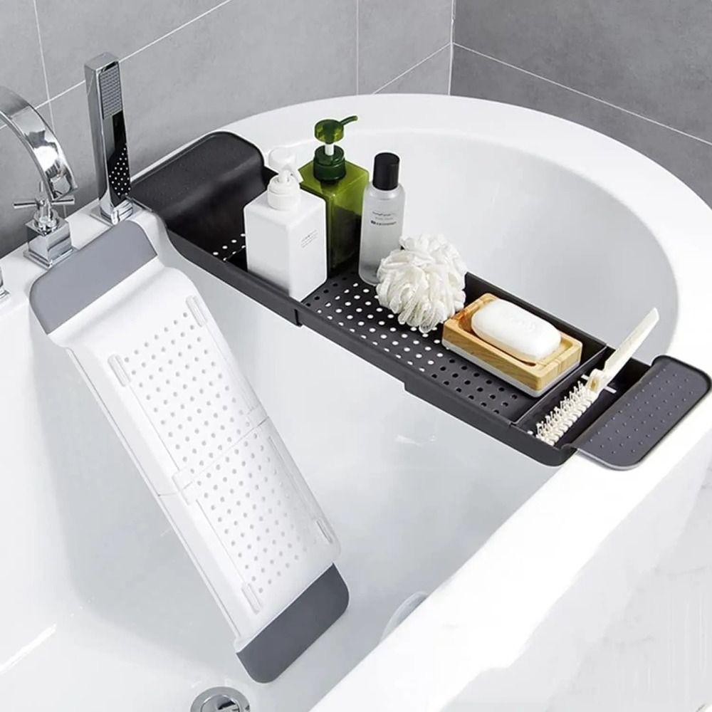 Anti-Slip Design Extendable Bathtub Rack Built-in Phone Holder Over Bath Tub Shelf Bathroom Use