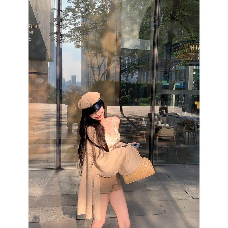Kumikumi Pure Desire Style Apricot Sweater Outwear Women's Lace Camisole Autumn Khaki Shorts Three-Piece Set