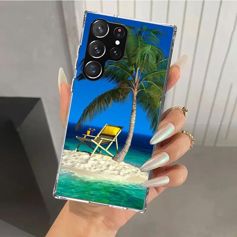 Letni Zachód Słońca nad Morzem z Palmą Etui na Telefon dla Samsung Galaxy S26 S24 S23 Ultra S25 Edge S22 S21 Plus S20 FE + Miękki Nadruk Osłona