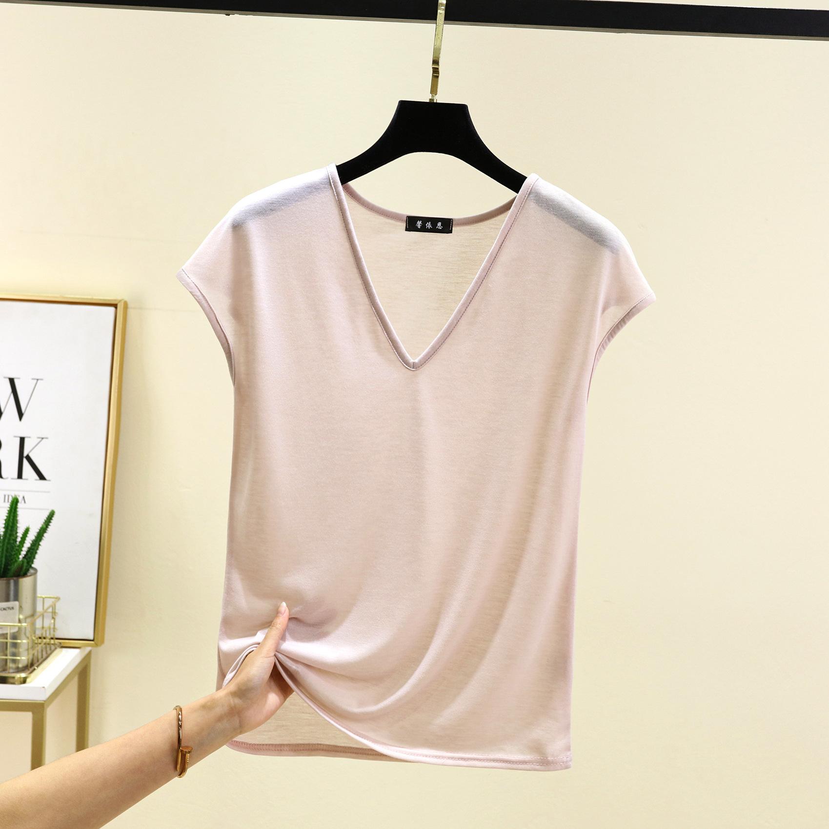 

Летние футболки с коротким рукавом и V-образным вырезом Однотонные ультратонкие футболки Женские футболки с заниженной талией Топы, все подходят 3XL розовый