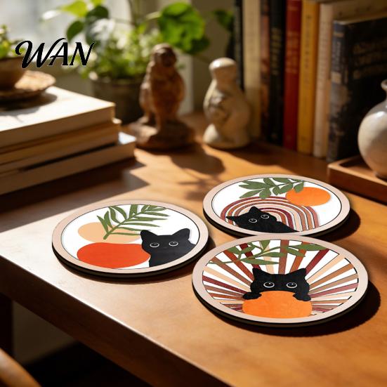 Thermal Insulation Coaster 4Pcs Healing Black Cat Wooden Coaster, Creative Heat Mat, Anti Slip Thickened Desk Protector for Coffee Cup Resistant