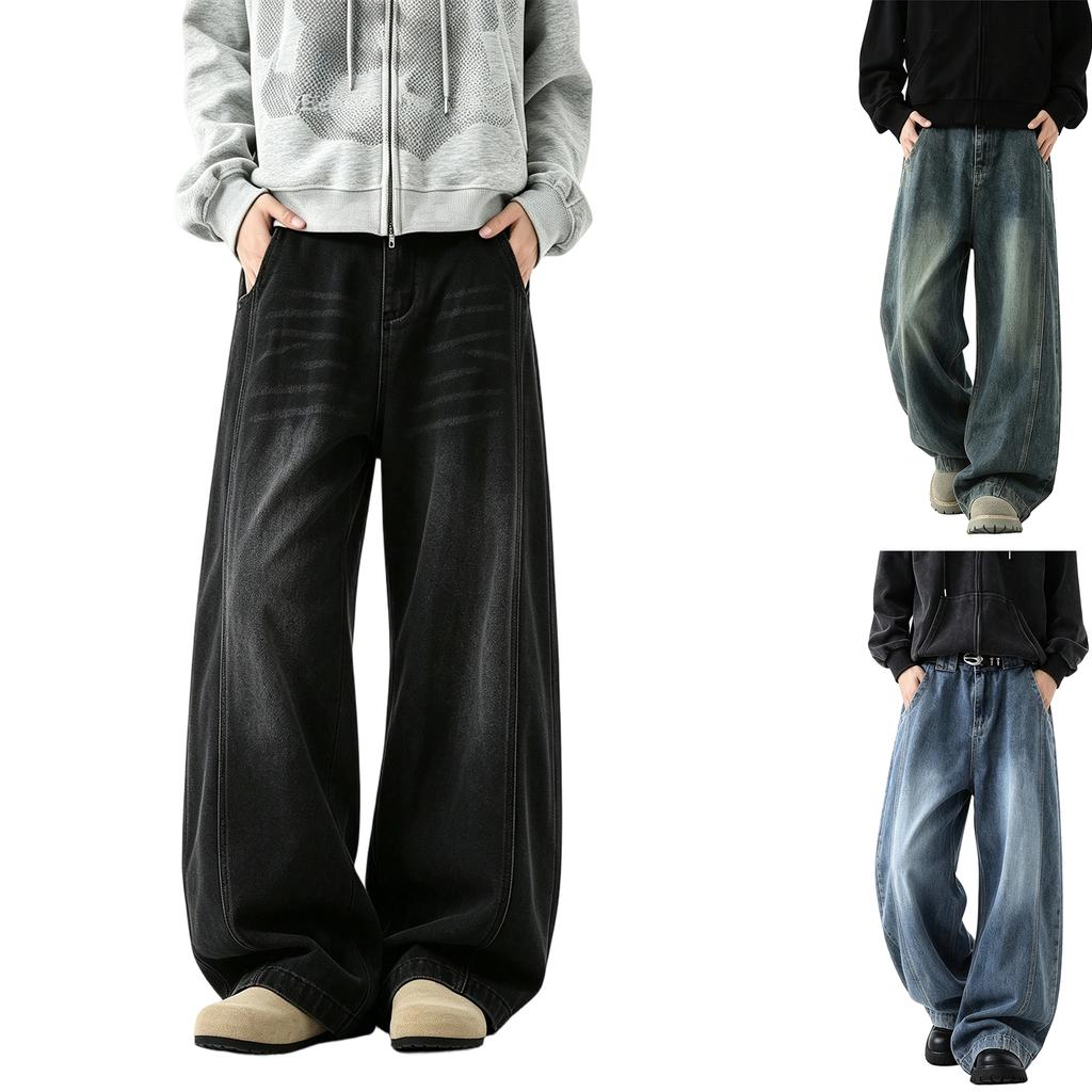 Men's Loose Fit Wide Leg Jeans Retro Hip Hop Streetwear Denim Pants Casual High Street