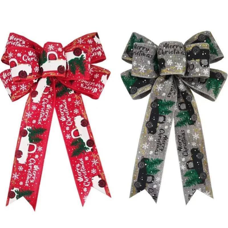 Creative Christmas Ribbon Bow Imitation Hemp Truck Pattern Printed Hanging Decoration Christmas Tree Decor Bow Spot Wholesale