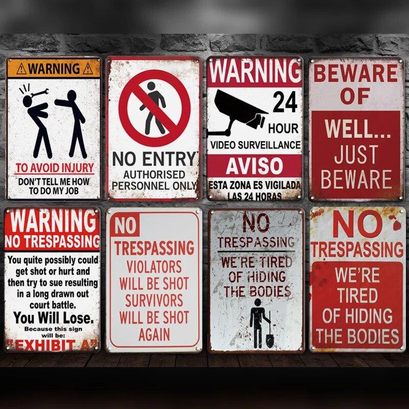 Warning Tin Sign Caution Decoraitve Plaque No Trespassing Retro Metal Vintage Plate Garden Man Cave Club Home Shop Wall Decor
