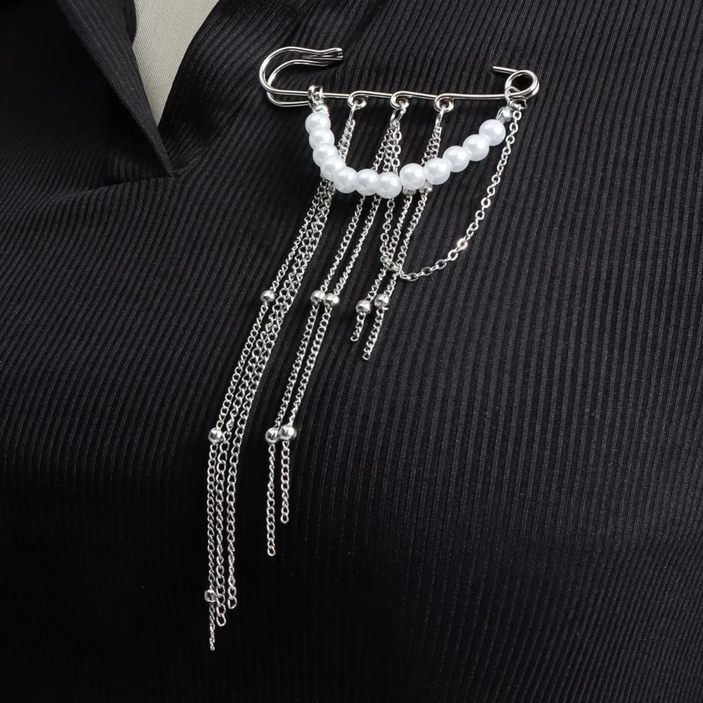 Fashion Exaggerated Imitation Pearl Fringed Chain Brooch Retro Design Suit Pin Pendant Fixed Pin Party Jewelry Accessories Gifts