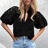 Women Tops V-Neck Puff Short Sleeves Hollow Out Crochet Shirt Solid Color Loose Fit Blouse Outdoor Leisure Wear