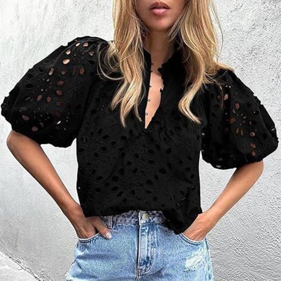 Women Tops V-Neck Puff Short Sleeves Hollow Out Crochet Shirt Solid Color Loose Fit Blouse Outdoor Leisure Wear