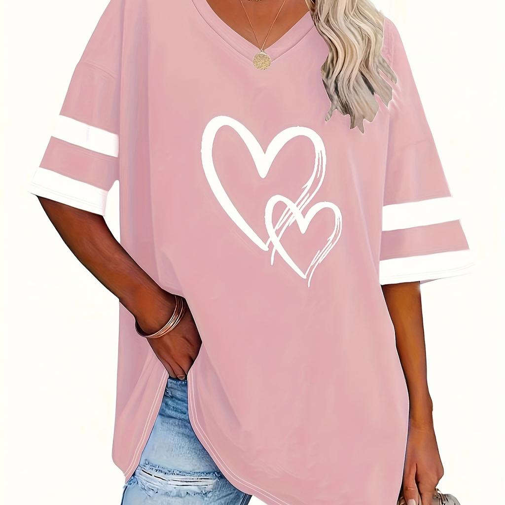 Spring and Summer New Love V-neck Printed Short Sleeved T-shirt for Women, Slimming, Breathable and Fashionable