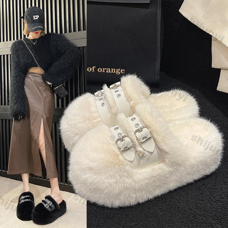 Fashion Women Furry Belt Buckle Slippers Winter Fashion Thick Sole Flats Ladies Casual Slip on Bedroom Slides Soft Outdoor Half Slippers