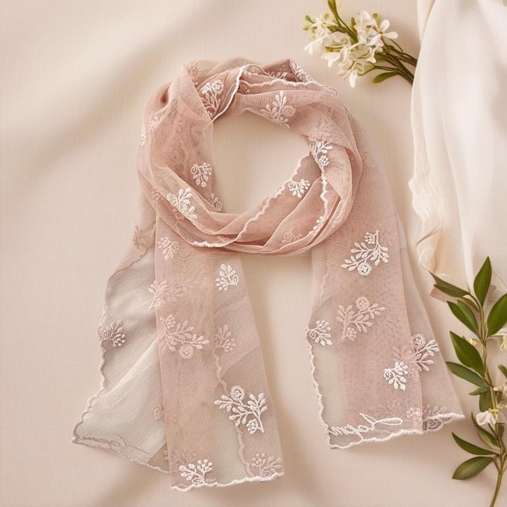 Literary Retro Women's Lace Scarf Solid Color Long Silk Scarf Floating Embroidery Flower Korean Version Sunscreen Shawl