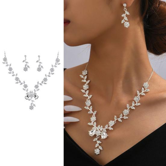 Set Rhinestone Decor Flower Shape Hollow Out Adjustable Hanging Earrings High-end Bride Jewelry