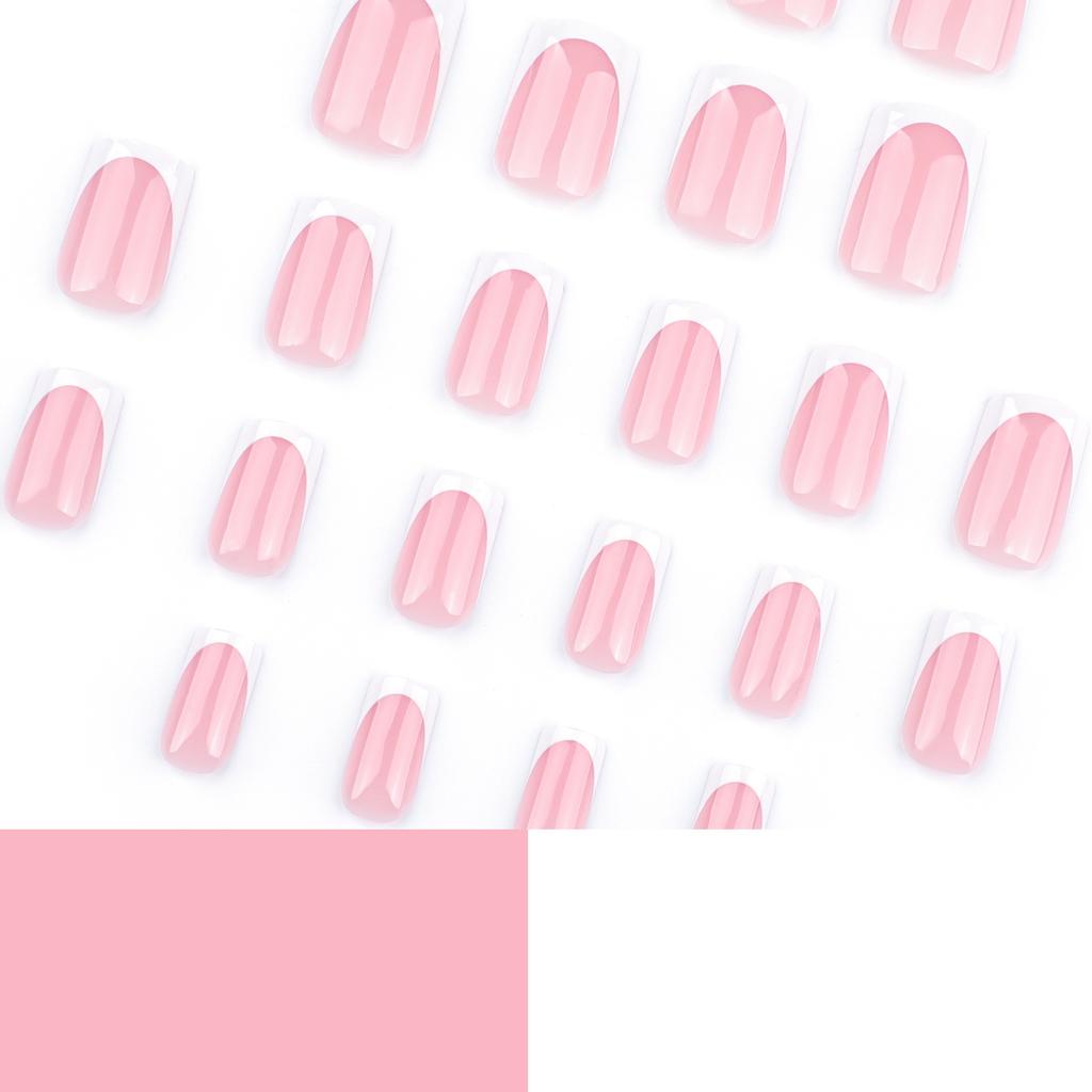 Klassische französische Maniküre mit weißem Rand, kurze europäische quadratische Nägel zum Tragen, Nägel in Nude-Pulverfarbe, fertige Nägel