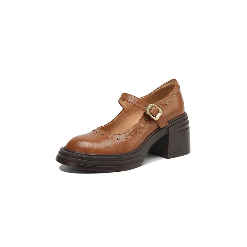 Módní Nové Jaro/léto Boty Mary Jane z pravé kůže pro ženy Módní Nýtovaný Masivní Podpatek Kulatá Špička Dámské Lodičky Boty na Platformě Dámské