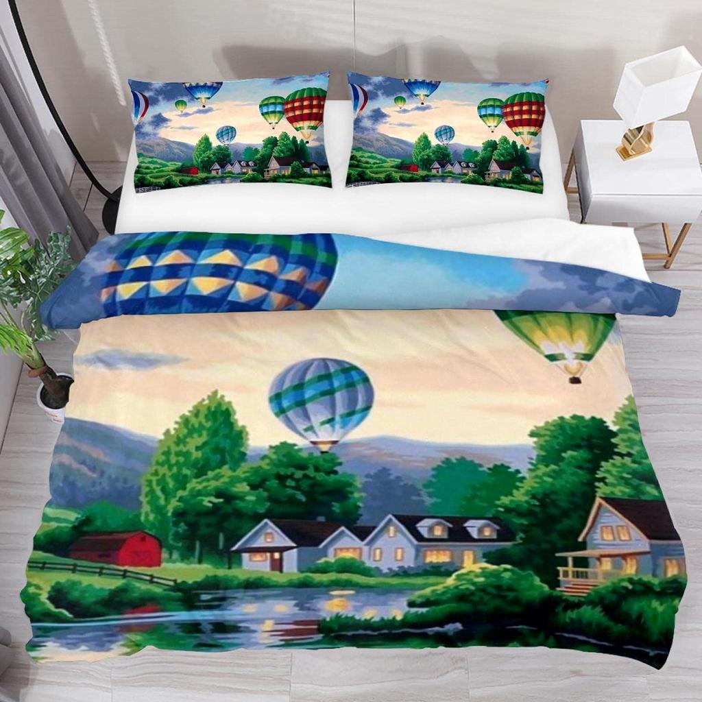 Hot Air Balloon Comforter Cover Set Vintage Bedspread Cover for Kids Landscape Quilt Cover Microfiber Polyester Bedding Set 3pcs