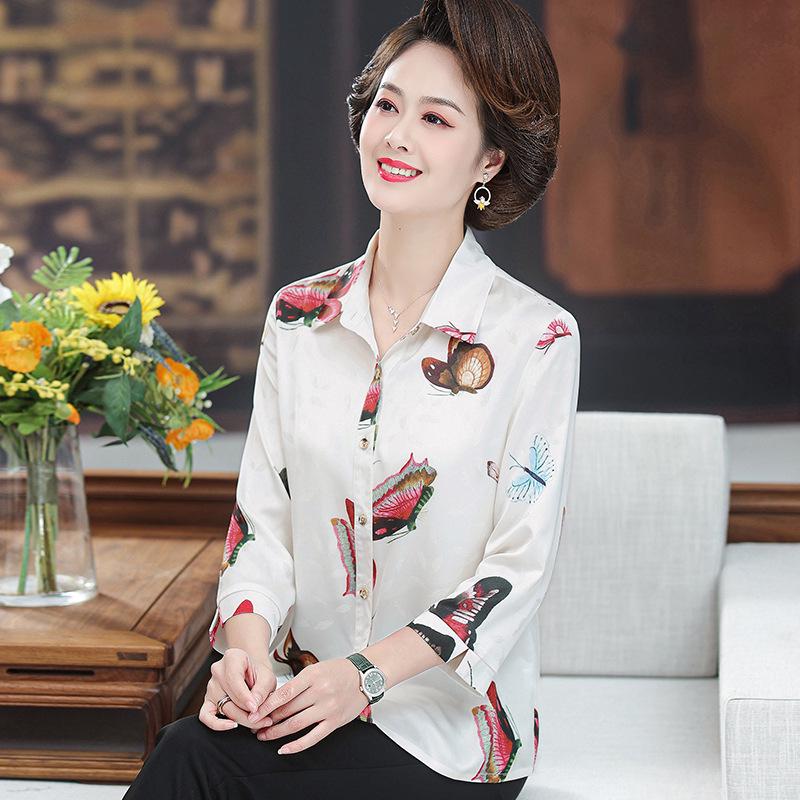 

Sophisticated Mulberry Silk Lapel Shirt for Middle-aged Women - Summer Print 5XL (150-165 lbs) красный