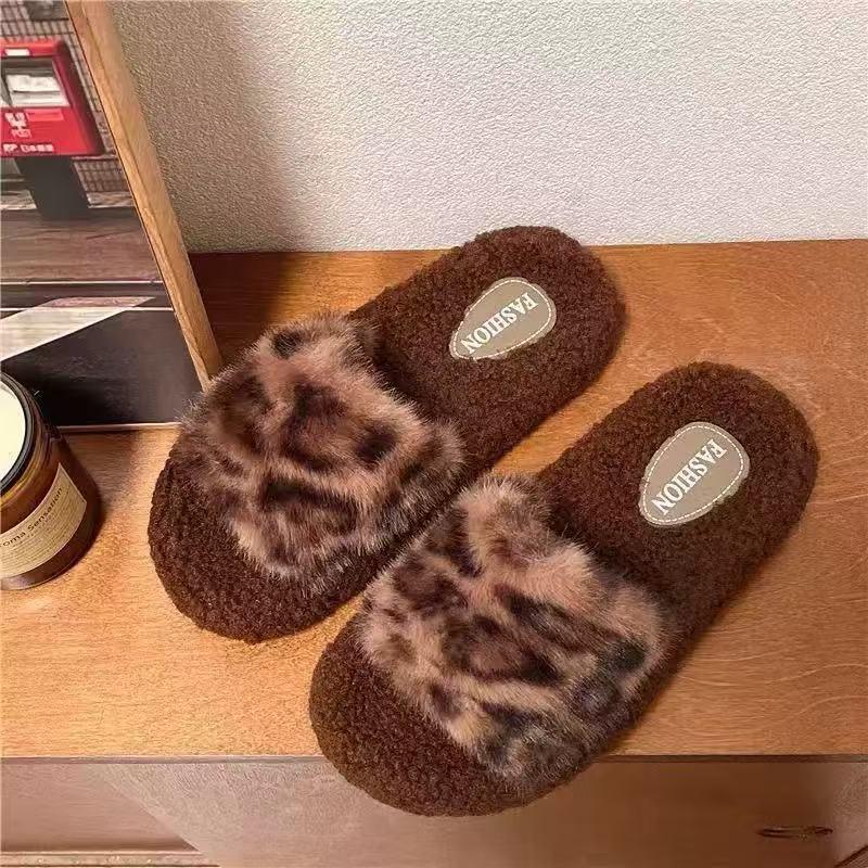 Leopard Print Cat Fur Slippers Non-Slip Indoor Slippers for Women and Girls Perfect for Autumn and Winter 34-35 Inner Length 21cm 980₽