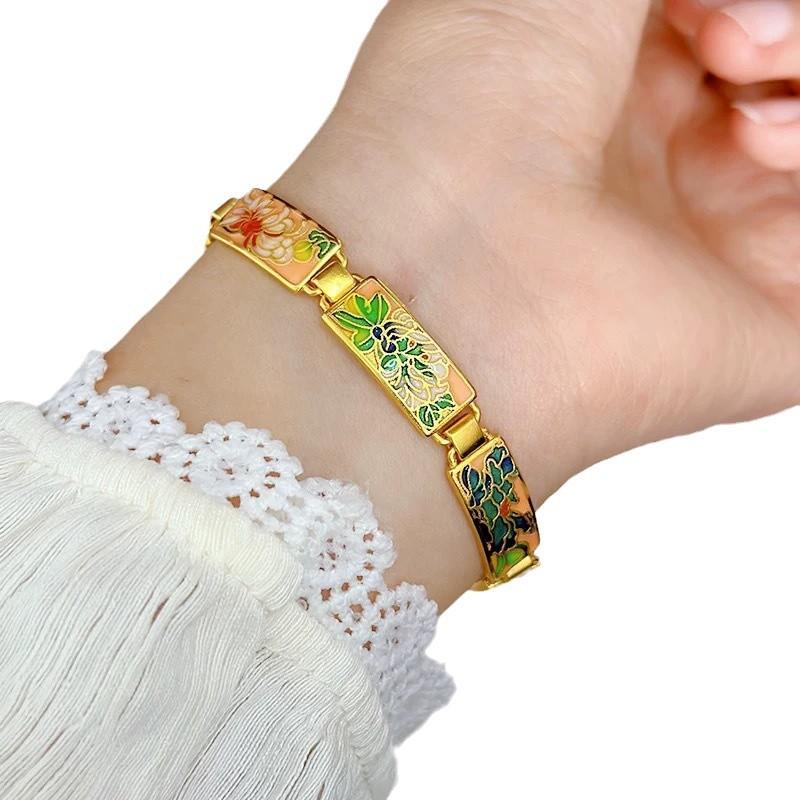 Real Gold Ancient Enameled Flower Bracelet Retro Temperament National Trend Women's Bracelet Hand Jewelry