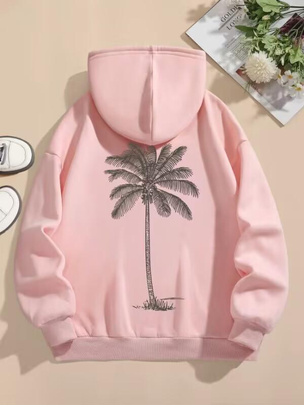 Women's Coconut Tree Print Casual Hoodie, Long Sleeve Sweatshirt with Pockets, Autumn Style.