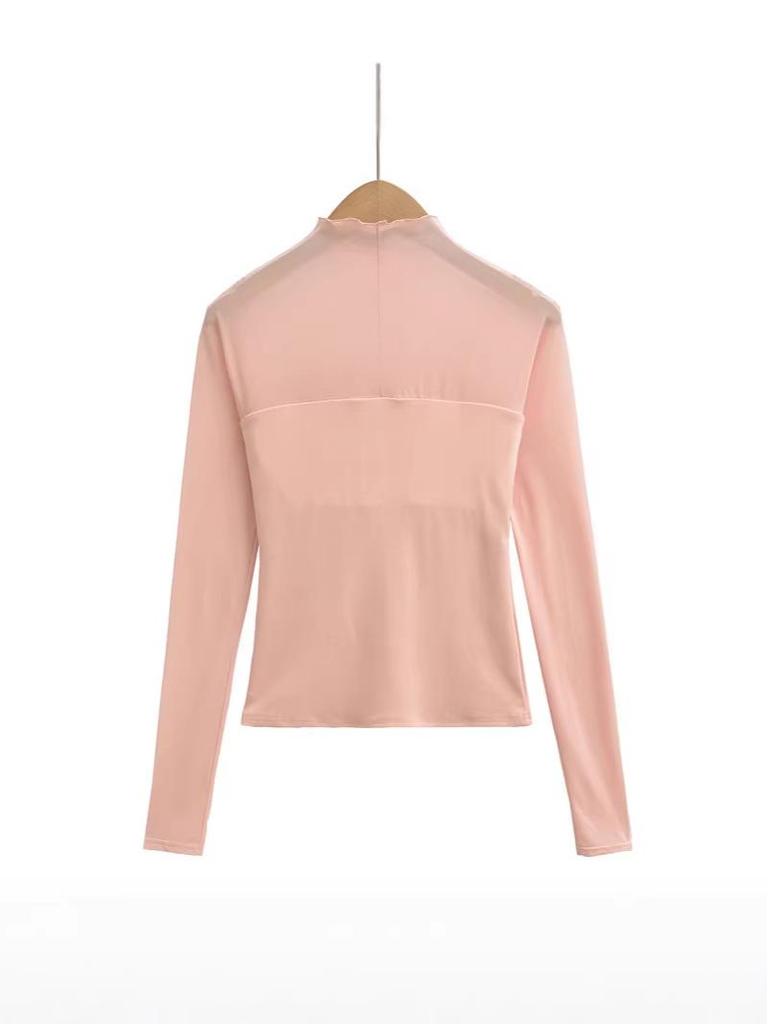 Women's Chic Sheer Mesh Spliced Long Sleeve T-shirt: Elegant Slim-fit, Sexy Base Layer Top
